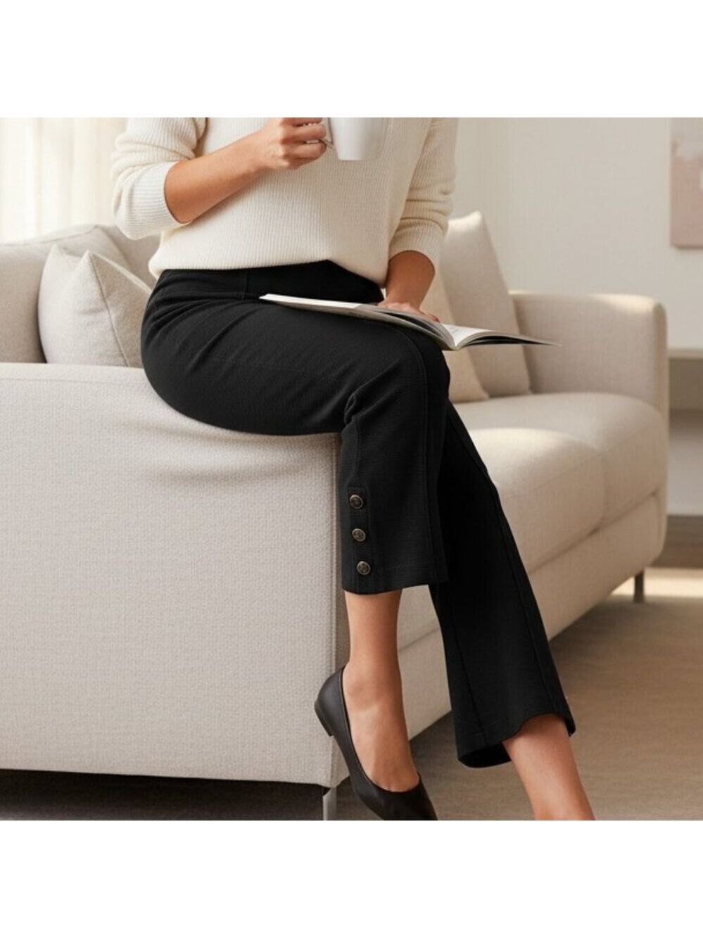 Ann Taylor Ribbed Ponte Knit Pants Black Side Zip Button Cuff Detail Size 4